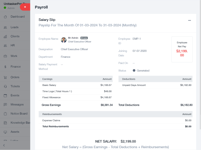 Salary Slip of UniTaskerPro's Payroll Management System