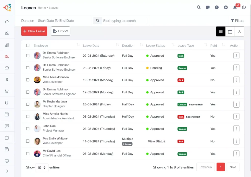 employee leave Management system dashboard- UniTaskerPro